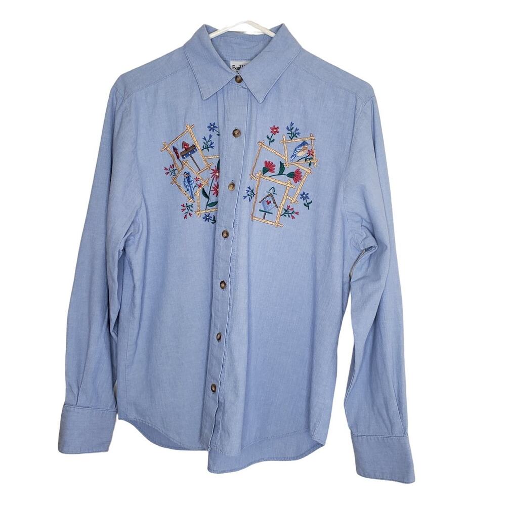 Vintage BonWorth blue denim embroidered button blouse flowers birds birdhouse M